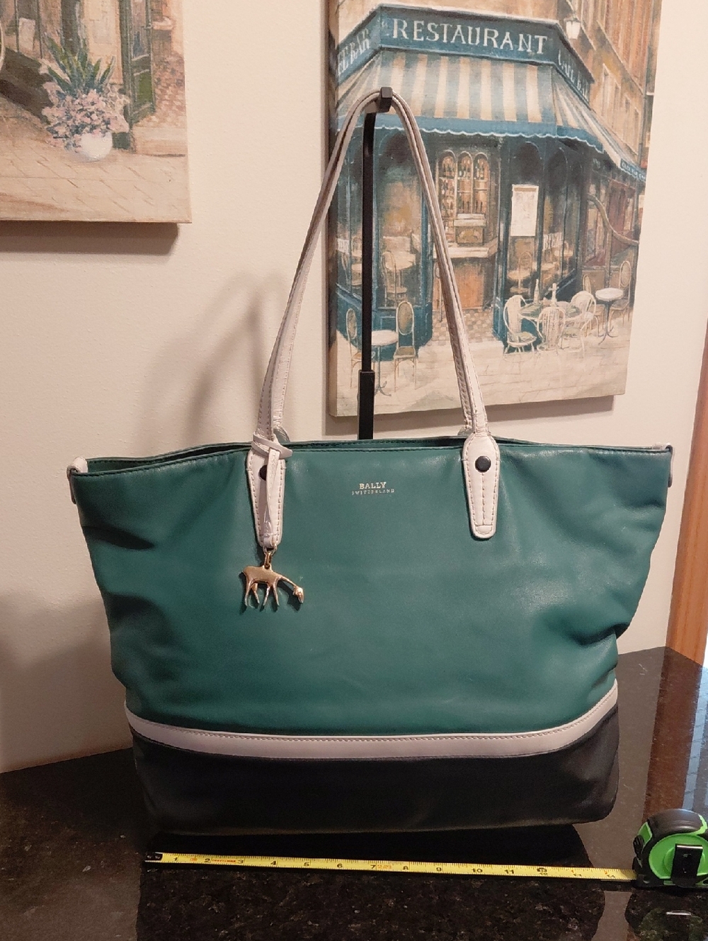 Bally Teal, Black and White Colorblock Leather Tote